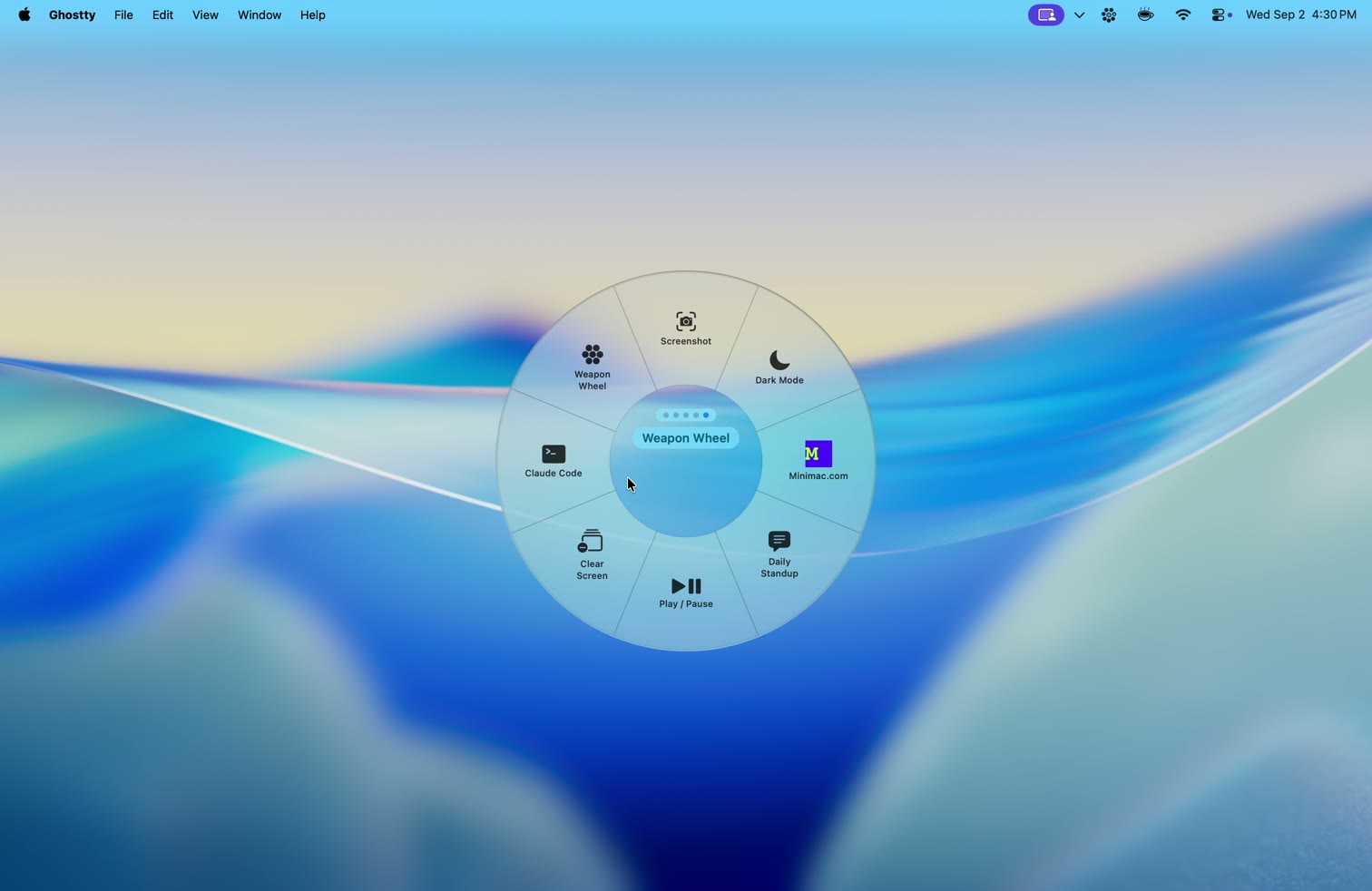 Weapon Wheel on a Mac desktop: the radial wheel open over Claude Code in Terminal